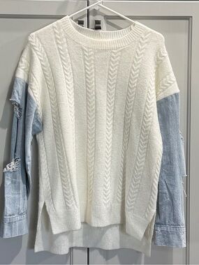 Mazik Ivory Cable-Knit Sweater with Light Blue Denim Worn/Ripped Sleeve Detail